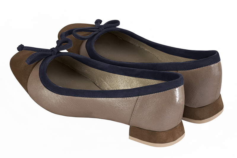 Chocolate brown, tan beige and navy blue women's ballet pumps, with low heels. Square toe. Flat flare heels. Rear view - Florence KOOIJMAN